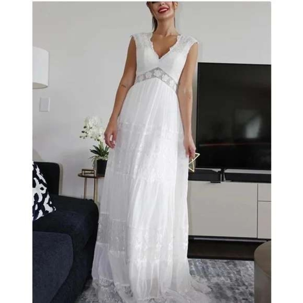 Hebeos White Lace Tiered Maxi Dress V-Neck Boho Bridal Wedding Gown Empire Waist
